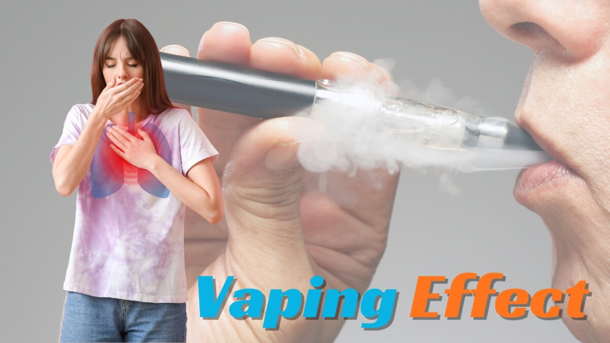 Woman experiencing breathing difficulty as e-cigarette vaping aerosol impacts lung function and respiratory health