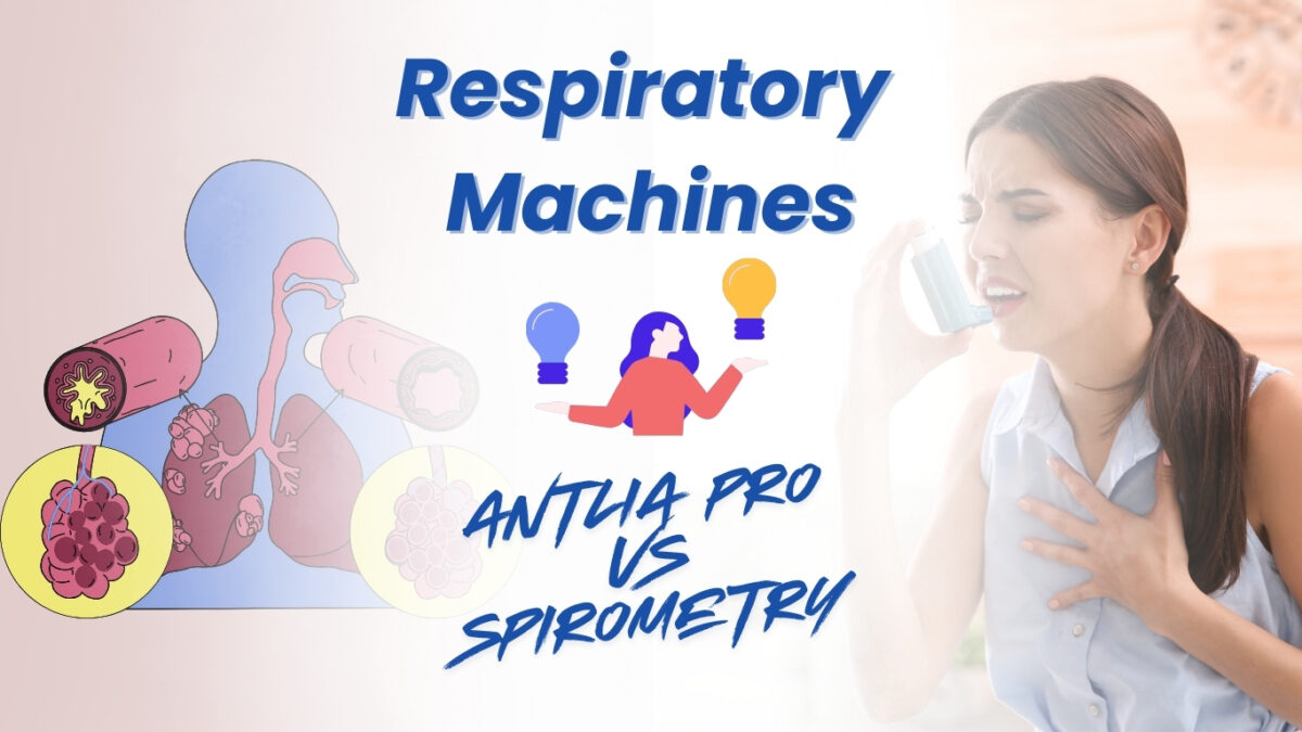 Graphic showing respiratory system illustration alongside a person using an inhaler with the text “Respiratory Machines Antlia PRO vs Spirometry”