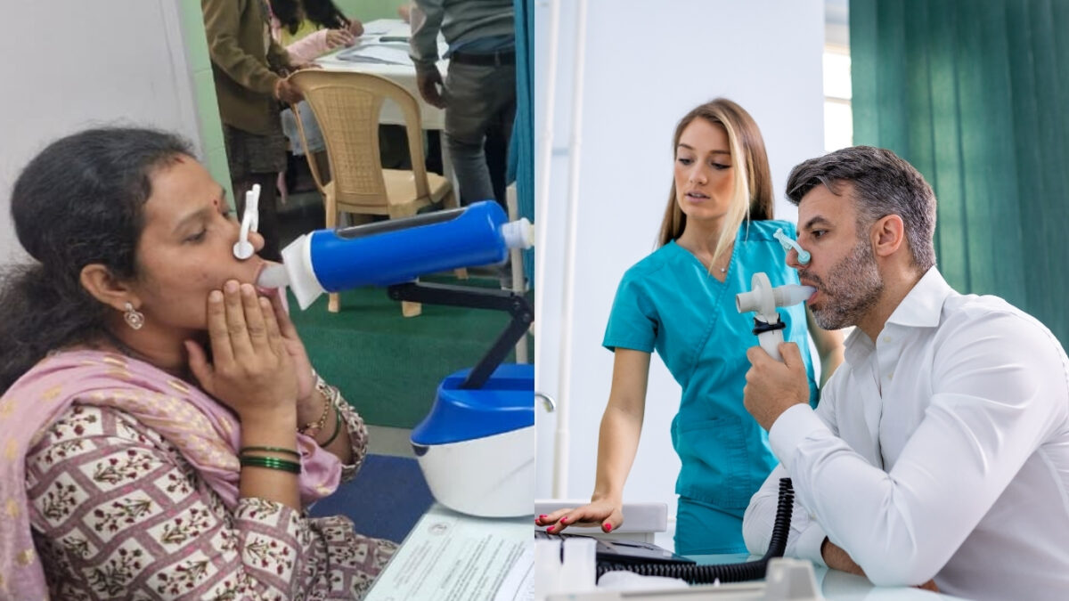 Patients undergoing lung function testing using respiratory machines with a mouthpiece and nose clip under clinical supervision