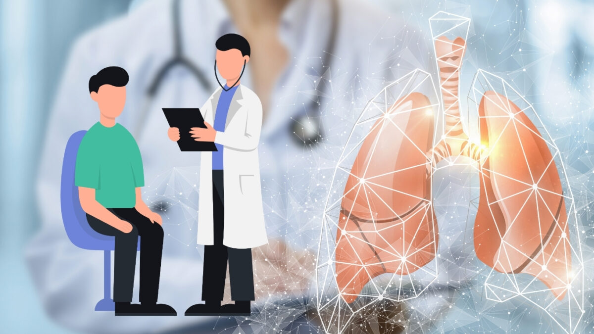 Doctor reviewing lung health with patient alongside digital illustration of human lungs and respiratory network