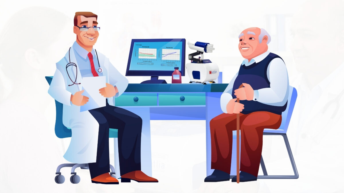 General practitioner reviewing early respiratory screening results using the Antlia FOT device with an elderly patient