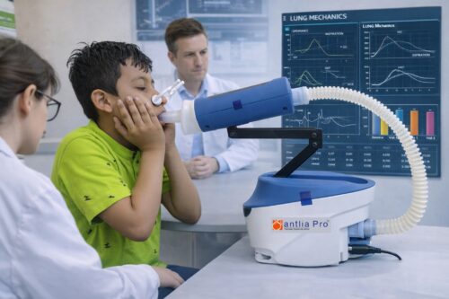 Researchers observing a child undergoing a respiratory lung mechanics test using a non-invasive pulmonary function device in a clinical research setting