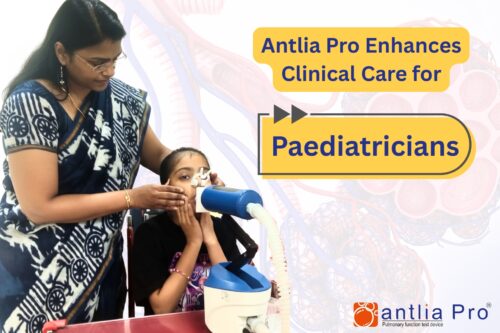 Paediatrician performing lung system assessment on a child using Antlia Pro pulmonary function device for accurate lung system evaluation