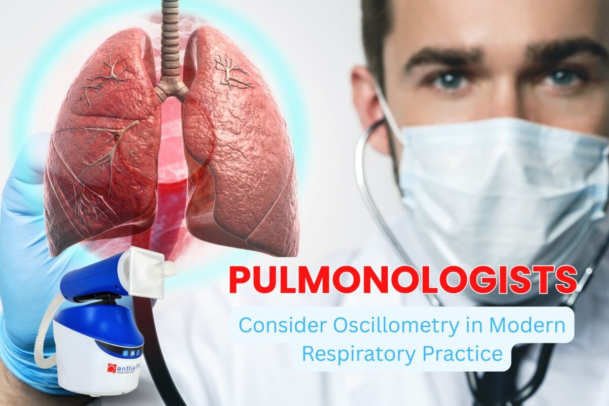 Pulmonary doctor is performing lung function testing using oscillometry device for respiratory assessment and airway disease diagnosis.