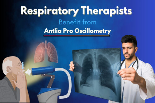 Respiratory therapists performing oscillometry lung function test using Antlia Pro device for airway resistance measurement and respiratory diagnosis.